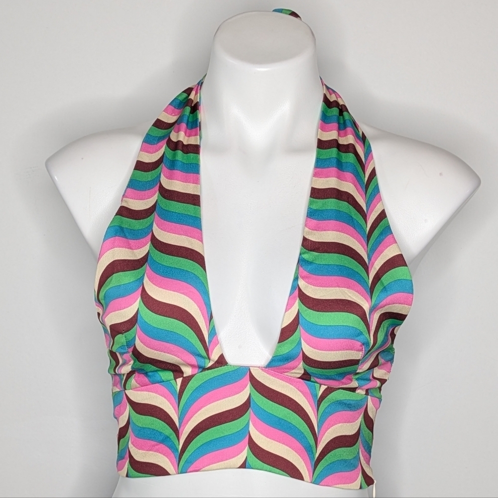 Zara Pink Green Mod Retro Stripe Low V Neck Tie Halter Crop Top S